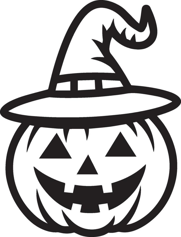 Cute Jack o lantern with witch hat linear black vector