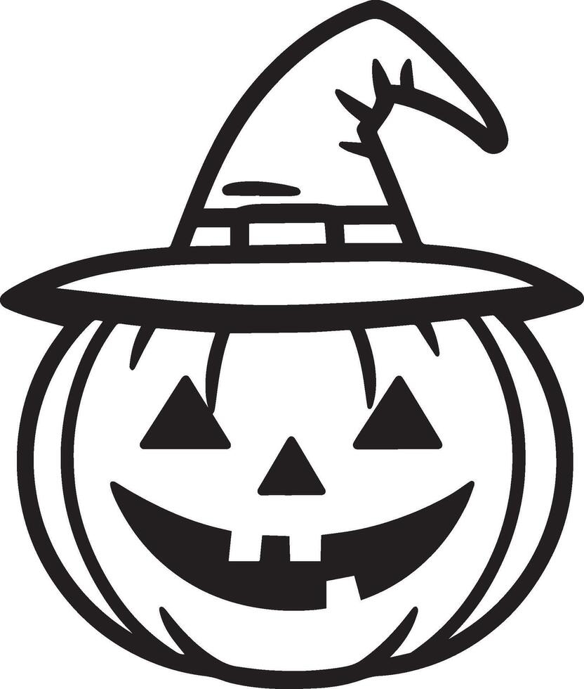Scary Jack o lantern with witch hat linear black vector