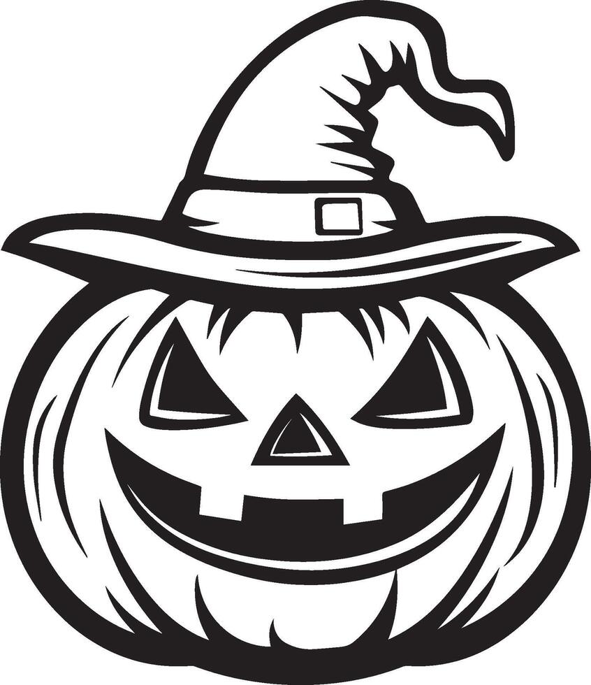 Scary Jack o lantern with witch hat linear black vector