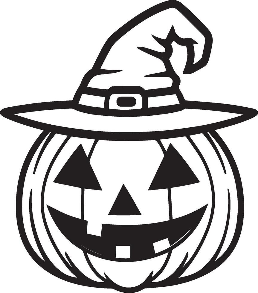 Jack o lantern with witch hat linear black vector