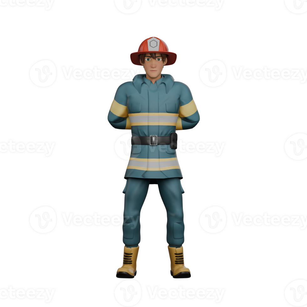of a Professional Firefighter. A firefighter stands with both hands behind his back body, as if resting in place. 3D Male png