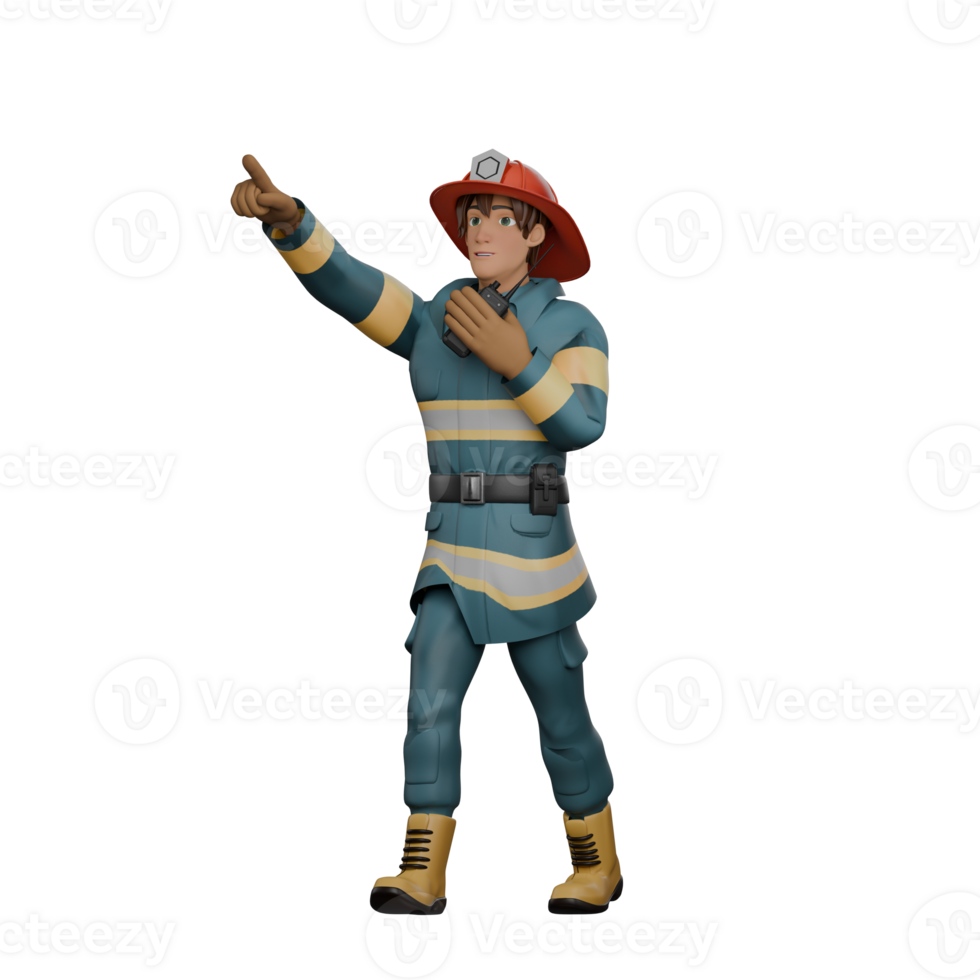 Illustrative 3D Male Firefighter. A firefighter is standing while communicating via a walkie talkie in his hand while the other hand is pointing upwards. Firefighting Leader png