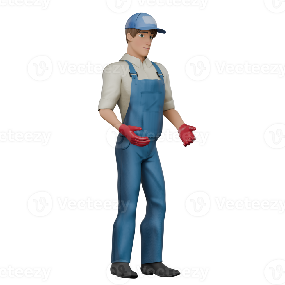 3D Cartoon Auto Technician. A male mechanic is standing with open hands that appear to be interacting with others or explaining the next steps. Mechanical Skills png