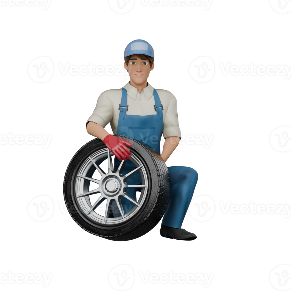 Automotive Expert 3D Model. A male mechanic is kneeling next to a car tire while his right hand is on the tire while his left hand rests on his thigh. Mechanic Cartoon png