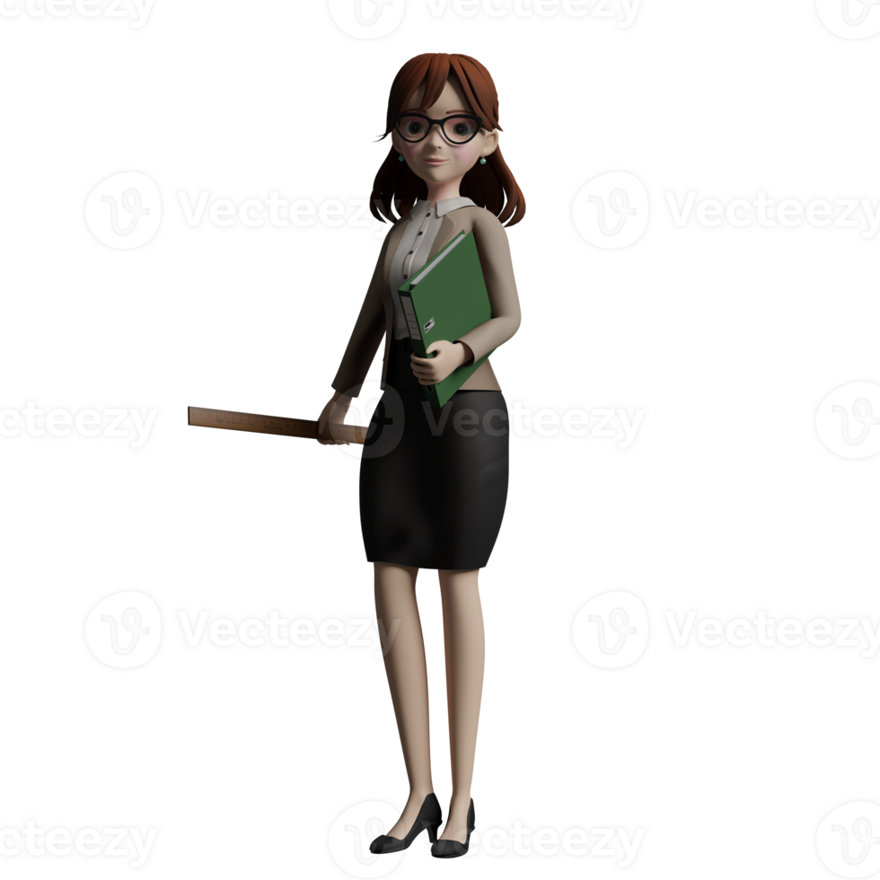 3D female Teacher Educational. A female teacher stands with her left hand carrying a book while her right hand carries a long wooden ruler. Professional png
