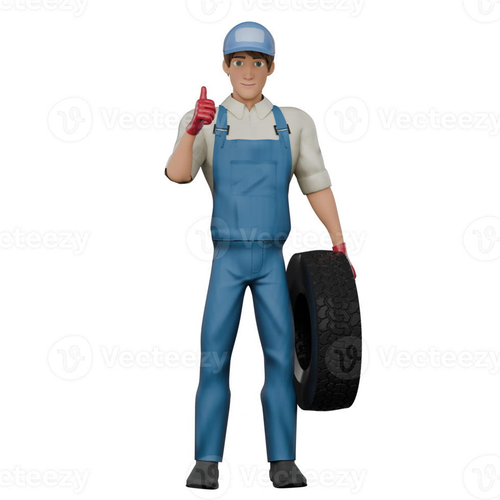 Male Mechanic Characte. A male mechanic gives a thumbs up sign as a sign of approval while holding a car tire in his left hand. 3D Auto Workshop Style png