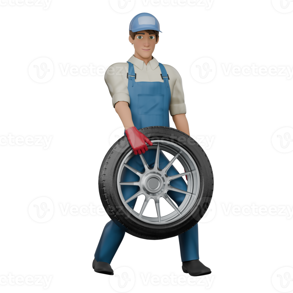 Professional Mechanic 3D Cartoon. A male mechanic is standing while holding a car tire with both hands. Male Auto Expert png