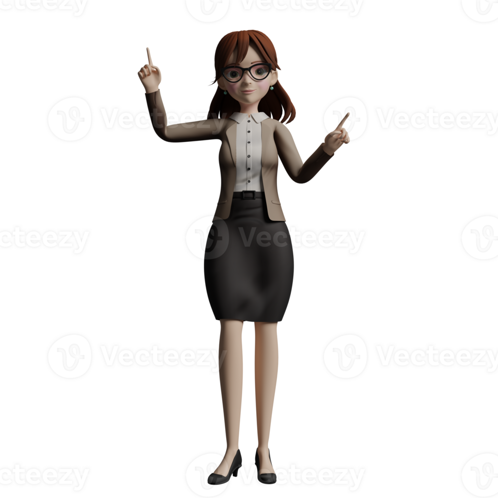 3D Educational Teacher female. A female teacher stands with both hands pointing upwards. Professional png