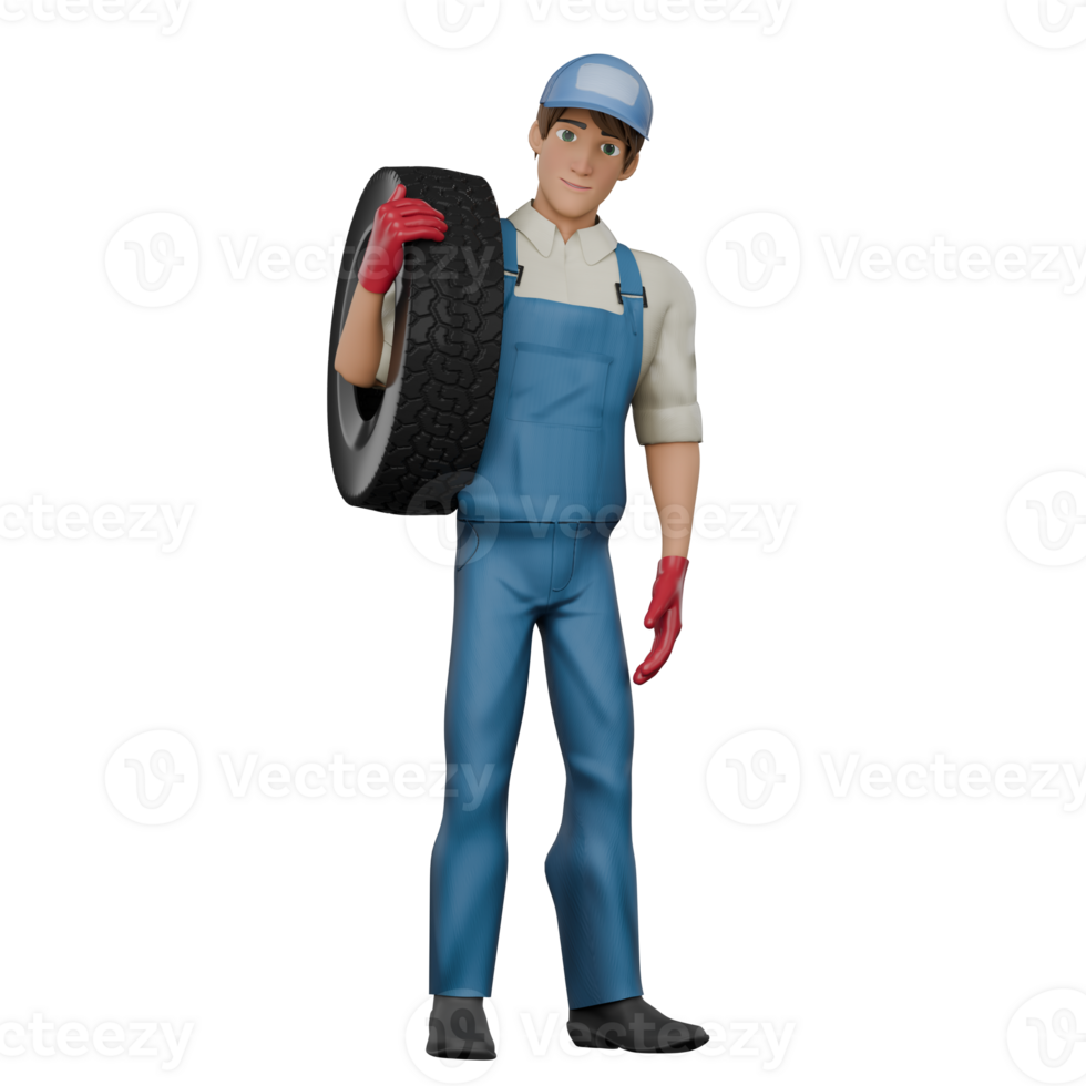 Male Mechanic Cartoon in 3D. A male mechanic is standing holding a tire on his right shoulder. Garage Scene png