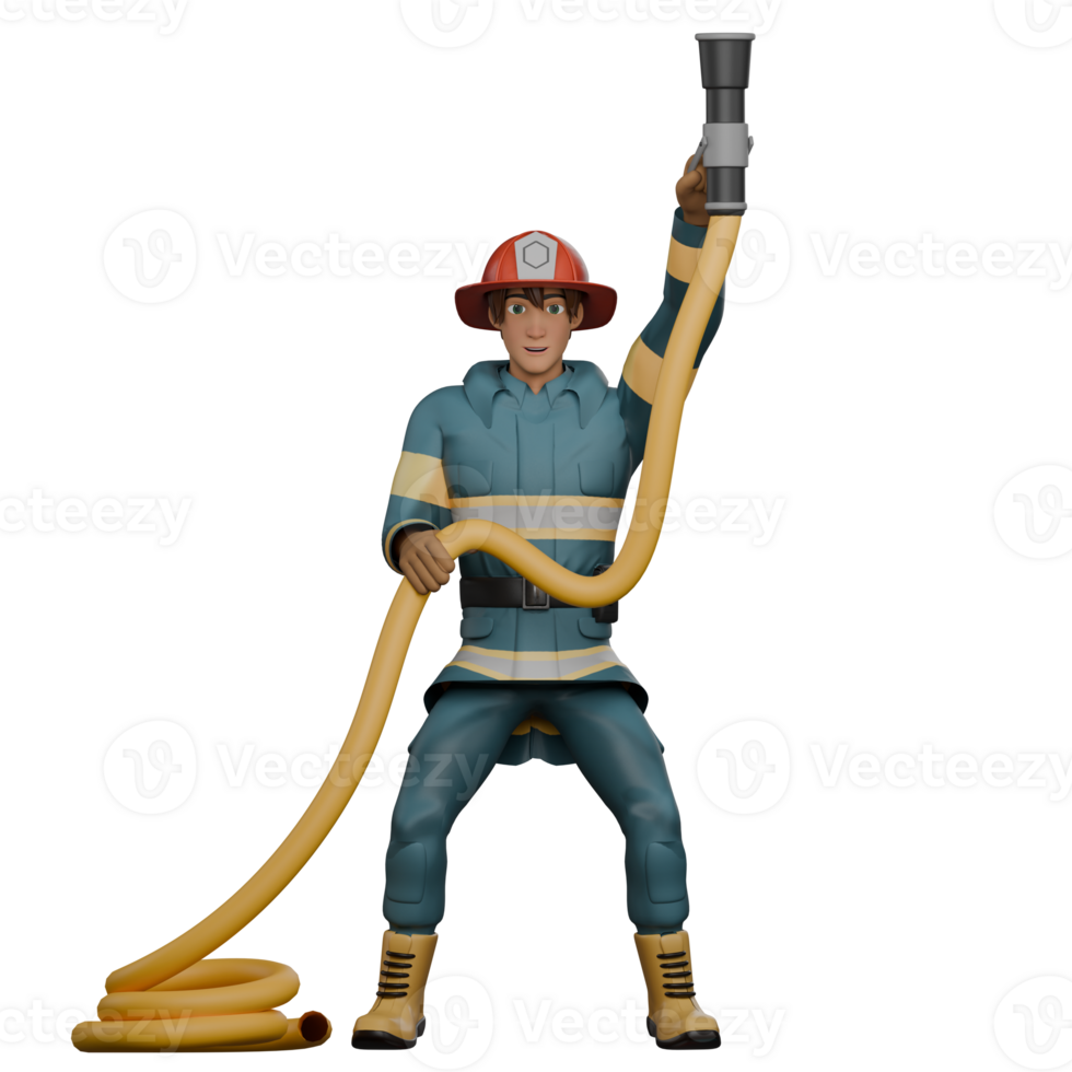Illustrative 3D Male Firefighter. A firefighter stands holding a fire hose with the end of the hose raised upwards, ready to extinguish the fire. Professional png
