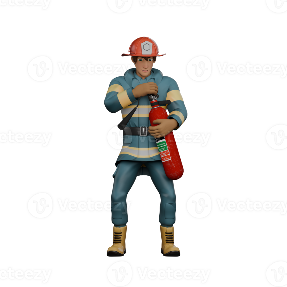 Male Firefighting Artist 3D Model. A firefighter is standing holding a light fire extinguisher in both hands, as if he is preparing to put out the fire. Firefighter Cartoon png
