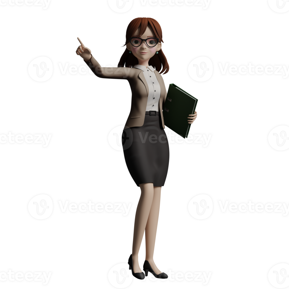 3D Professional female Teacher Character. A female teacher stands with her left hand carrying a book while her right hand points up. Educational png