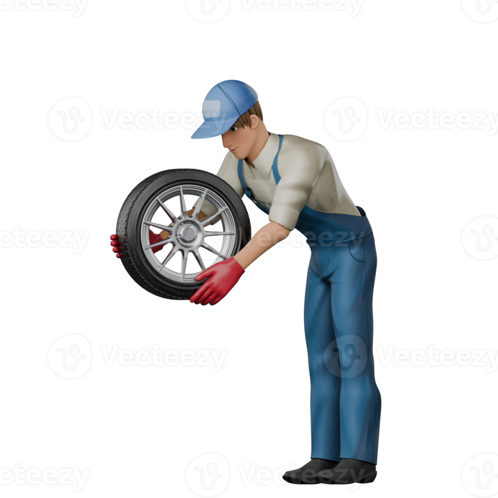 Male Technical Professional in 3D. A male mechanic leans forward slightly with both hands holding a car tire. Mechanic Cartoon png