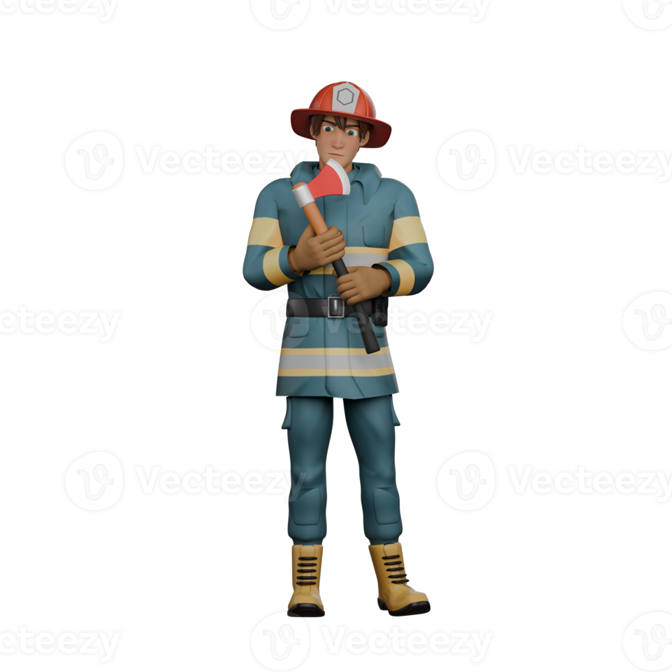 Firefighter Hero in 3D. A firefighter stands with both hands holding a firefighter's axe in front of his chest. Firefighter Cartoon png