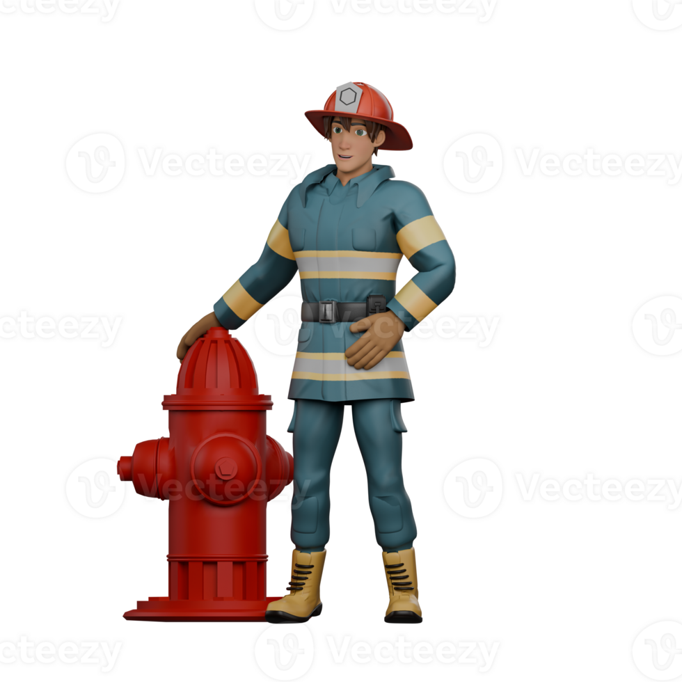 Professional Firefighter Character in 3D. A firefighter stands next to a red hydrant with his right hand holding the red hydrant while his left hand is on his stomach. Male png