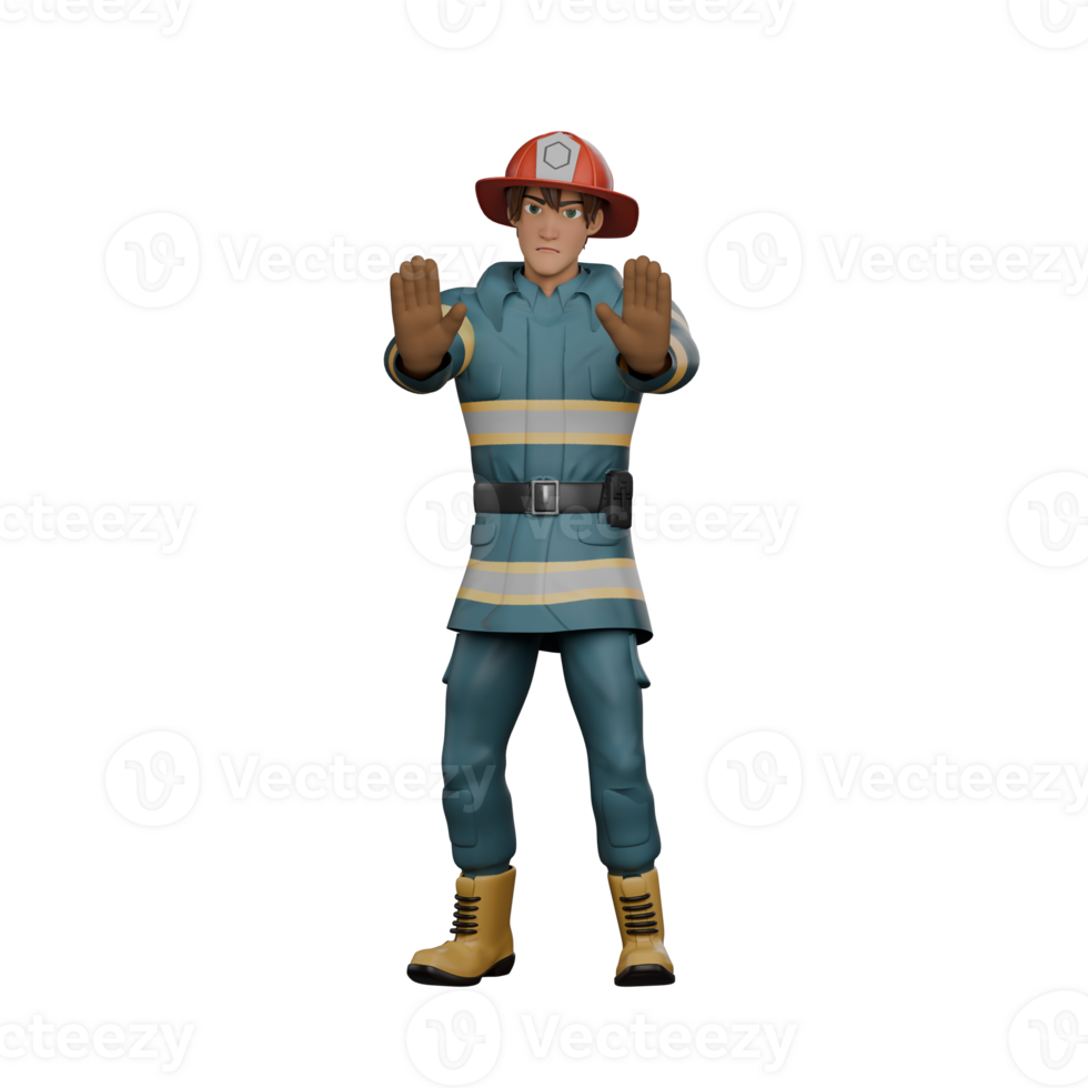Male Firefighter Character. A firefighter stands with both hands facing forward in a position as if signaling to stop. 3D Emergency Style png