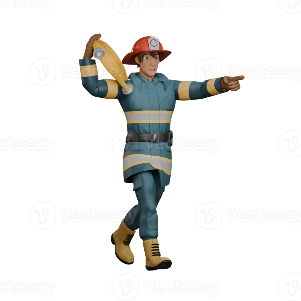 Male Professional Firefighter - 3D Character. A firefighter walks while carrying a hose over his shoulder while his other hand points forward. Firefighting png
