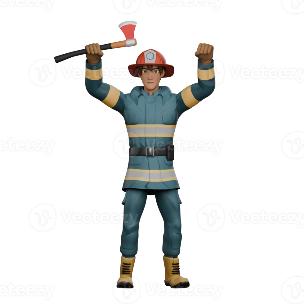 3D Male Firefighter. A firefighter stands with both hands raised, right hand holding a firefighter's axe while left hand is clenched into a fist. Illustrated Character png