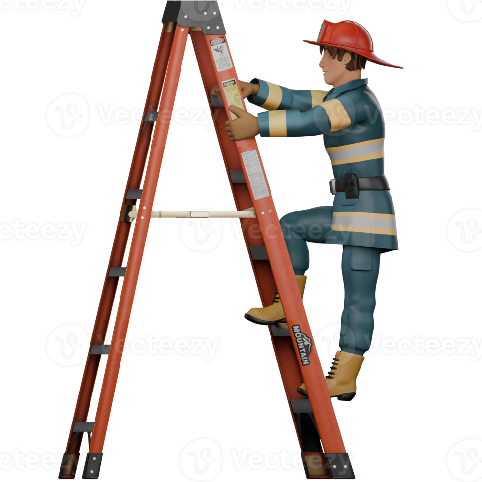 3D Firefighting Expert. A firefighter is climbing a ladder shaped like the letter A. Cartoon Male Firefighter png