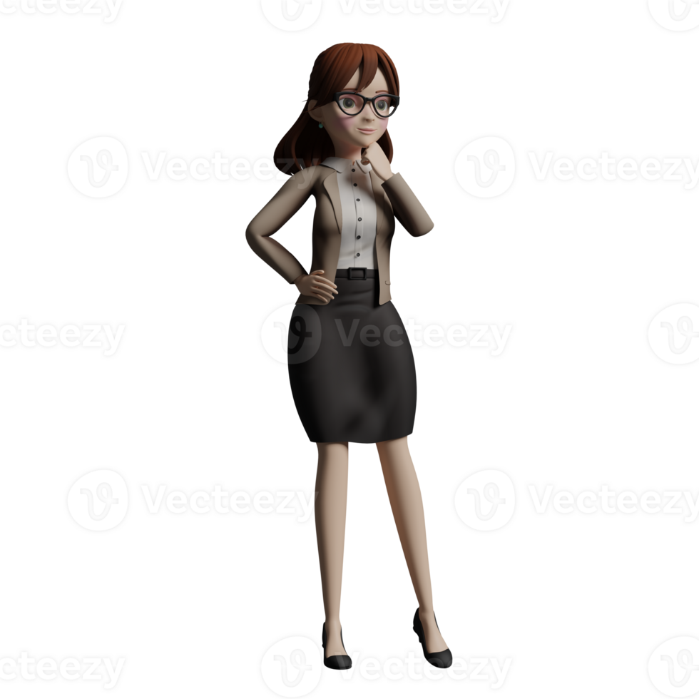 female Teacher 3D Professional. A female teacher stands with her right hand on her waist while her left hand is on her chin. Educational Cartoon png