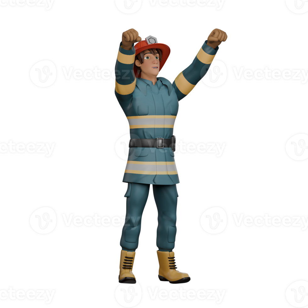 Professional Male in 3D - Firefighter. A fire stands with both hands raised, as if celebrating victory or success. Cartoon png
