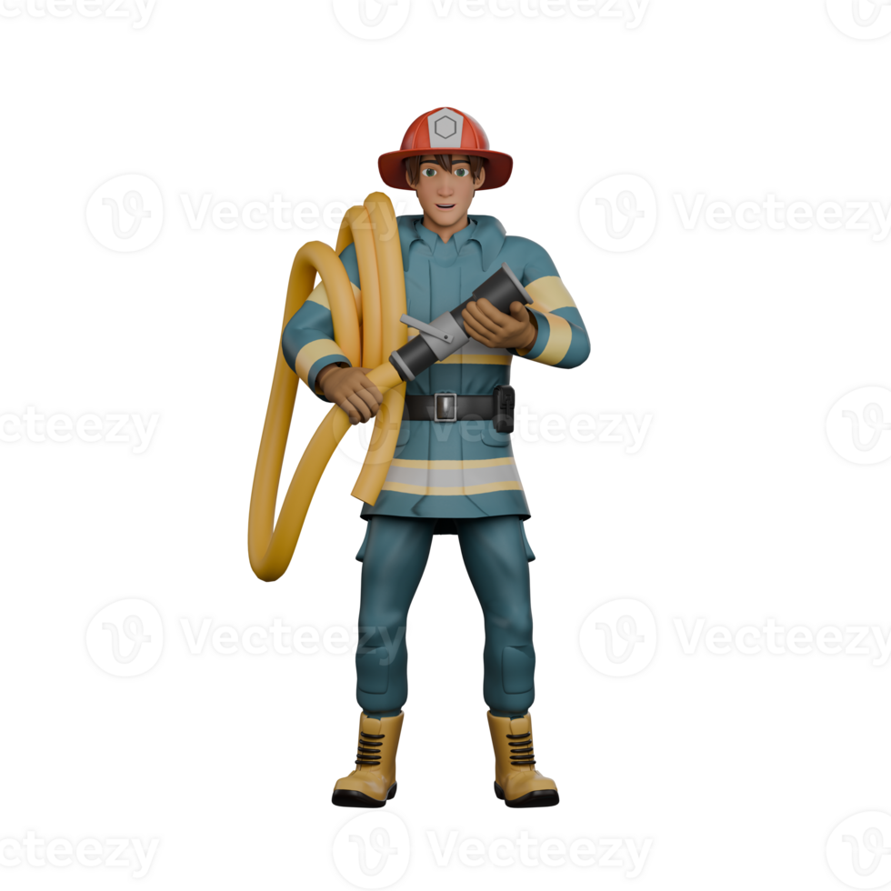 3D Professional Firefighter Character. A firefighter stands holding a hose that is neatly rolled up with both hands. Male Fireman png