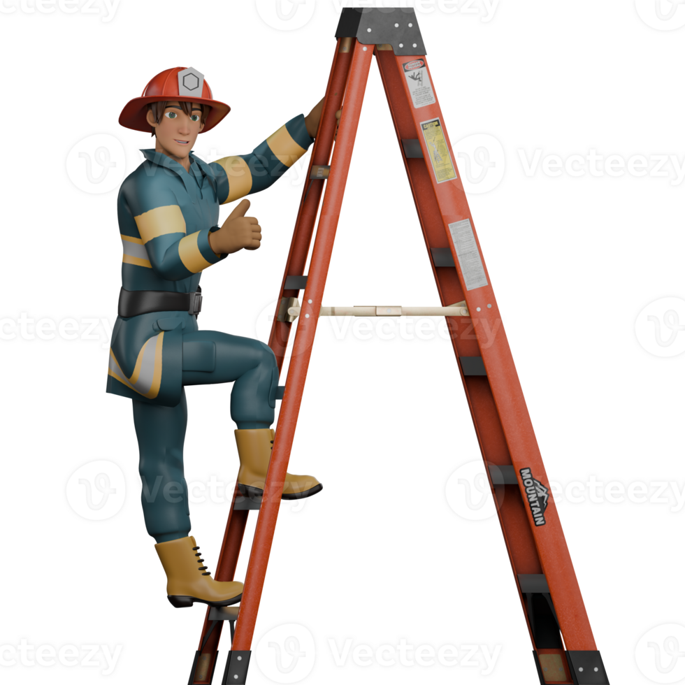 Professional Male Firefighter in 3D. A firefighter is climbing a ladder shaped like the letter A while his right hand is pointing his thumb. Emergency Services png