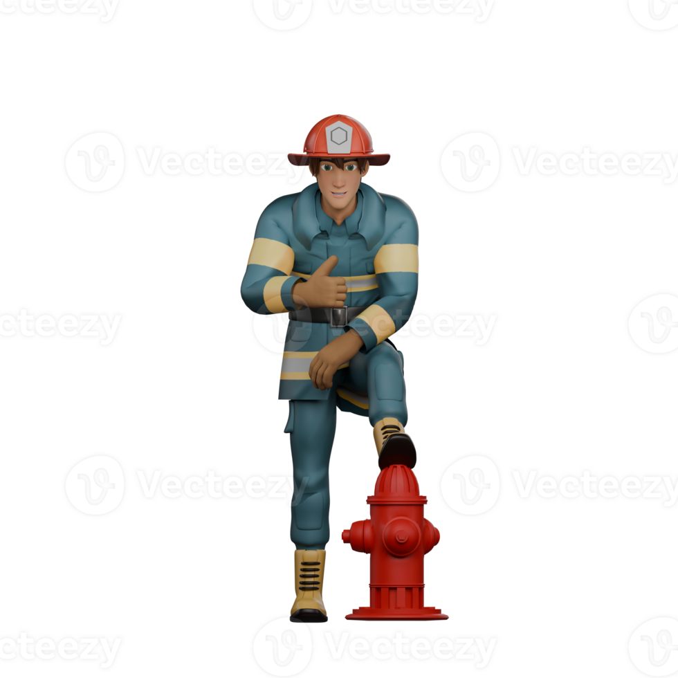 Cartoon.of a Male Firefighter. A firefighter stands with one leg propped up on a fire hydrant. 3D Style png