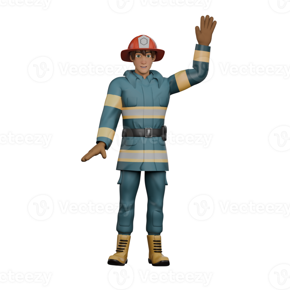 3D Model of Cartoon Firefighter. A firefighter stands waving his hands in a friendly manner. Firefighting Expert png