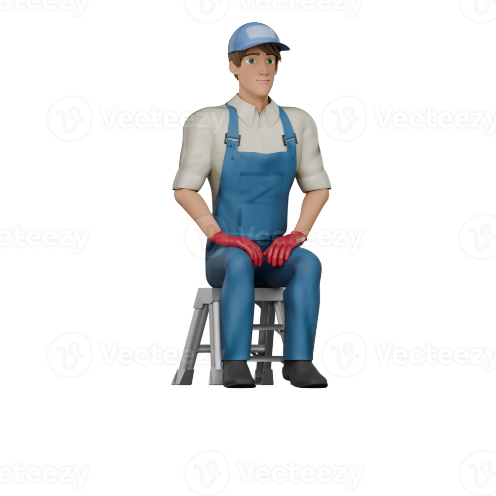 3D Professional Mechanic Character. A male mechanic is sitting on a small ladder with both hands placed on his lap, as if he has just finished his task and is resting. Male Technician png