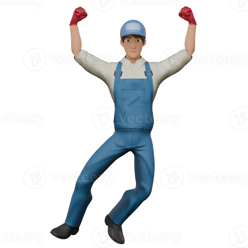 Professional Male Technical Character. A male mechanic is flying while raising both hands. 3D Mechanic png