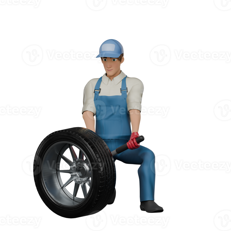 of a Professional Mechanic. A male mechanic is kneeling next to a car tire while holding an opener. 3D Male png