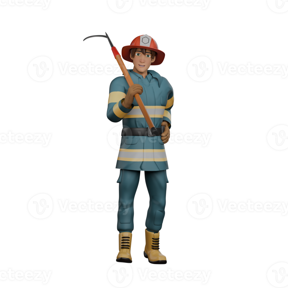 Firefighter Character 3D. A firefighter stands holding a bush hook or fire extinguisher in his right hand. Illustrated Male Hero png