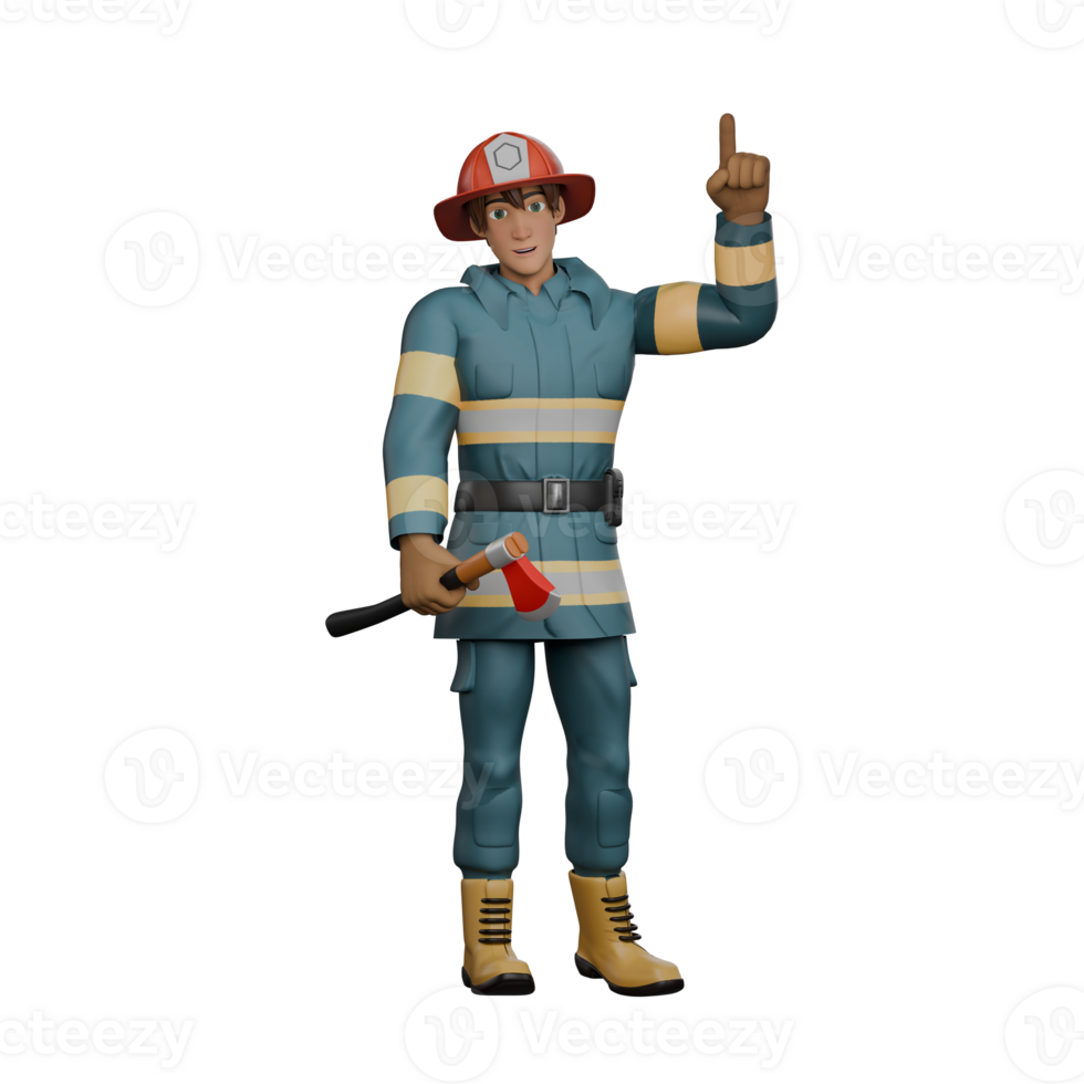 Firefighter in 3D. A firefighter stands with his right hand holding an ax while his left hand points upwards. Male Professional png