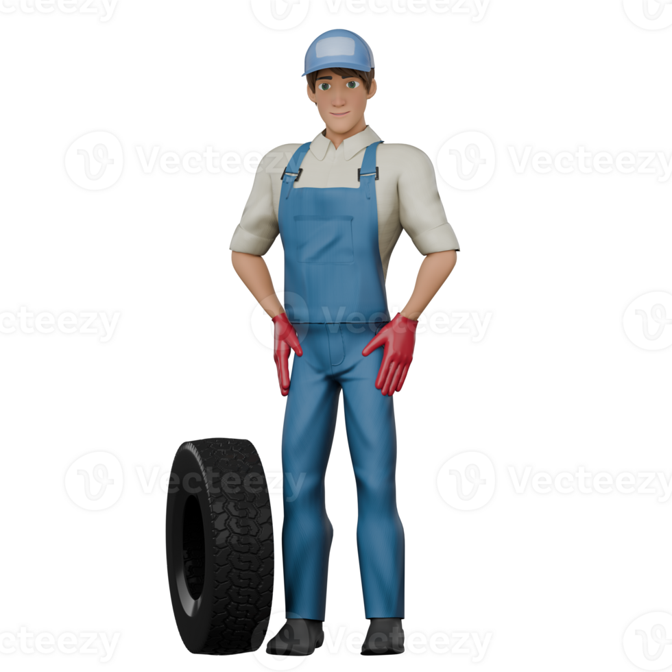 3D Model of Cartoon Mechanic. A male mechanic is standing with a car tire placed on his left side, his hands are on his waist. Automotive Expert png