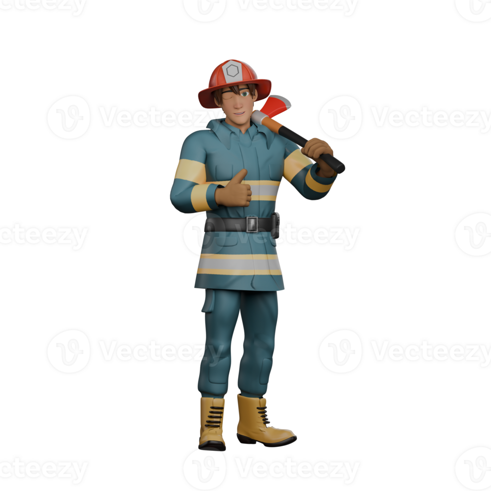 3D Model of Male Firefighter. A firefighter stands holding a firefighter's axe on his shoulder with one hand and giving a thumbs up with the other hand. Firefighter Environment png