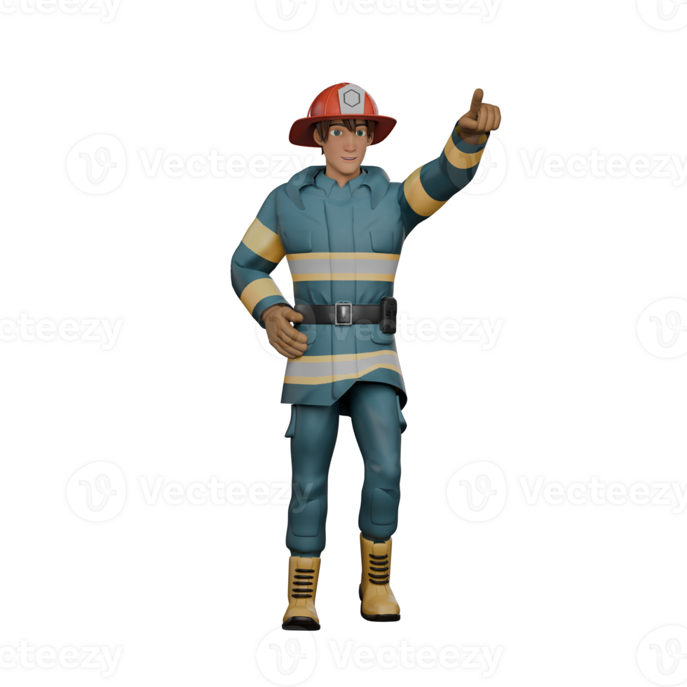 Firefighter's Daily Routine in 3D. A firefighter is standing with his left hand pointing in a certain direction as if giving directions while his right hand is on his waist. Male Cartoon png