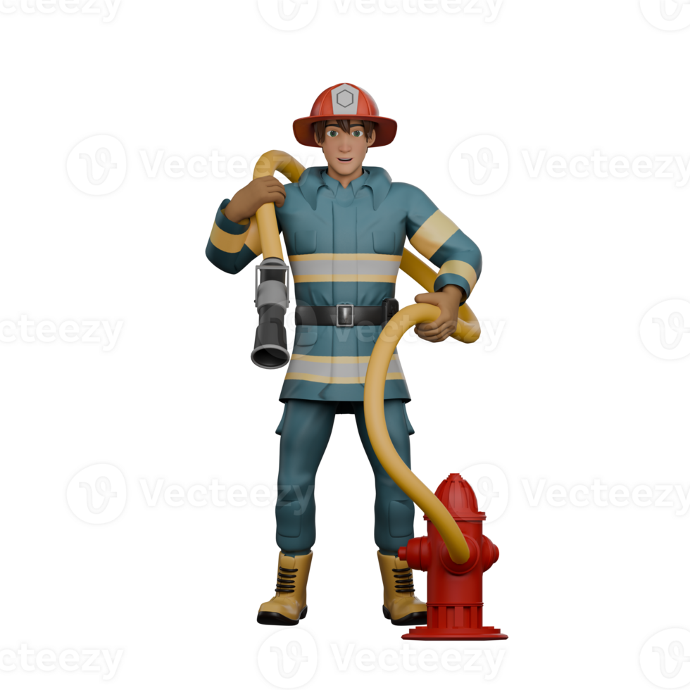 Male Firefighter in Action. A firefighter stands preparing to use a water hose connected to a red hydrant pipe. 3D Firefighting Scene png