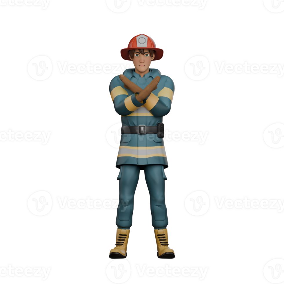 3D Cartoon Firefighter Character. A firefighter stands with both arms crossed in front of his chest. Emergency Response Model png