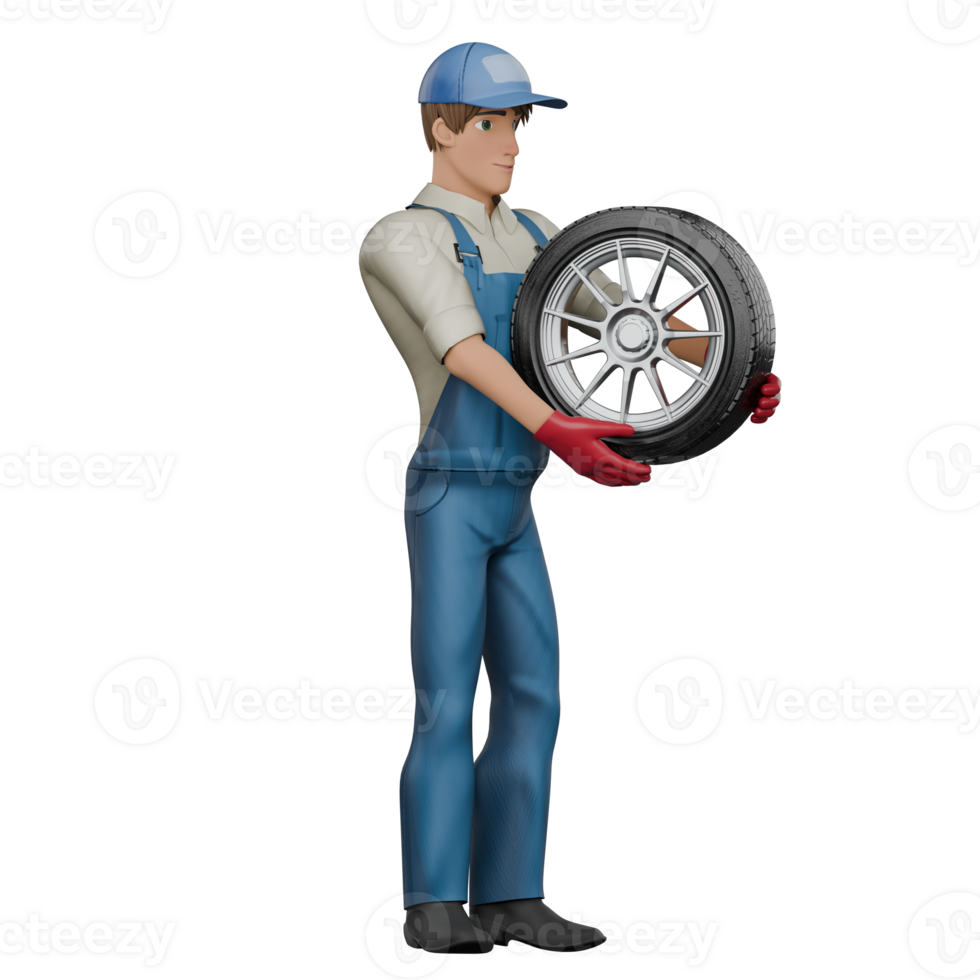 3D Professional Male Mechanic Character. A male mechanic stands while holding a car tire with both hands. Technical png