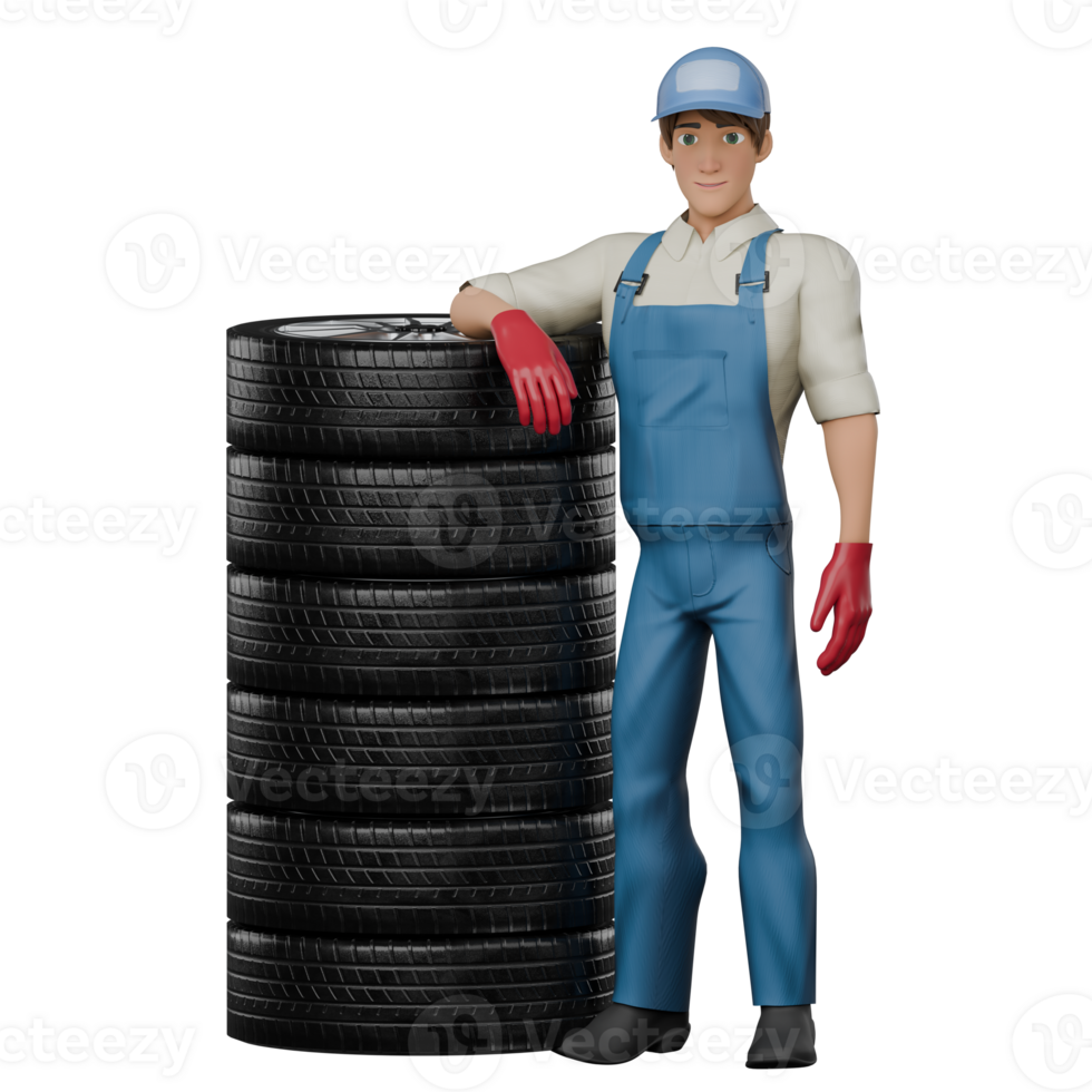 3D Animated Mechanic. A male mechanic stands leaning against a pile of tires with his right hand placed on the tire. Male Auto Repair Figure png