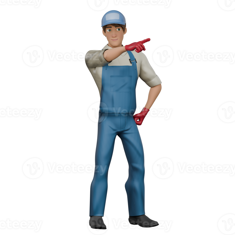 Professional Mechanic Character in 3D. A male mechanic stands with his left hand on his waist while his right hand points forward. Male png