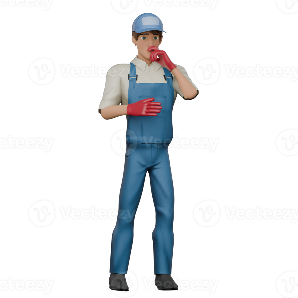 Auto Repair Expert in 3D. A male mechanic is standing with one hand covering his mouth while the other hand is on his chest, as if looking for a solution. Cartoon Mechanic png
