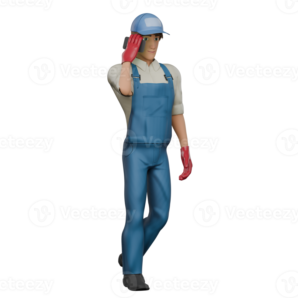 3D Male Mechanic Repairing. A male mechanic walks with his right hand holding a cellphone as if he is contacting someone. Automotive Cartoon png