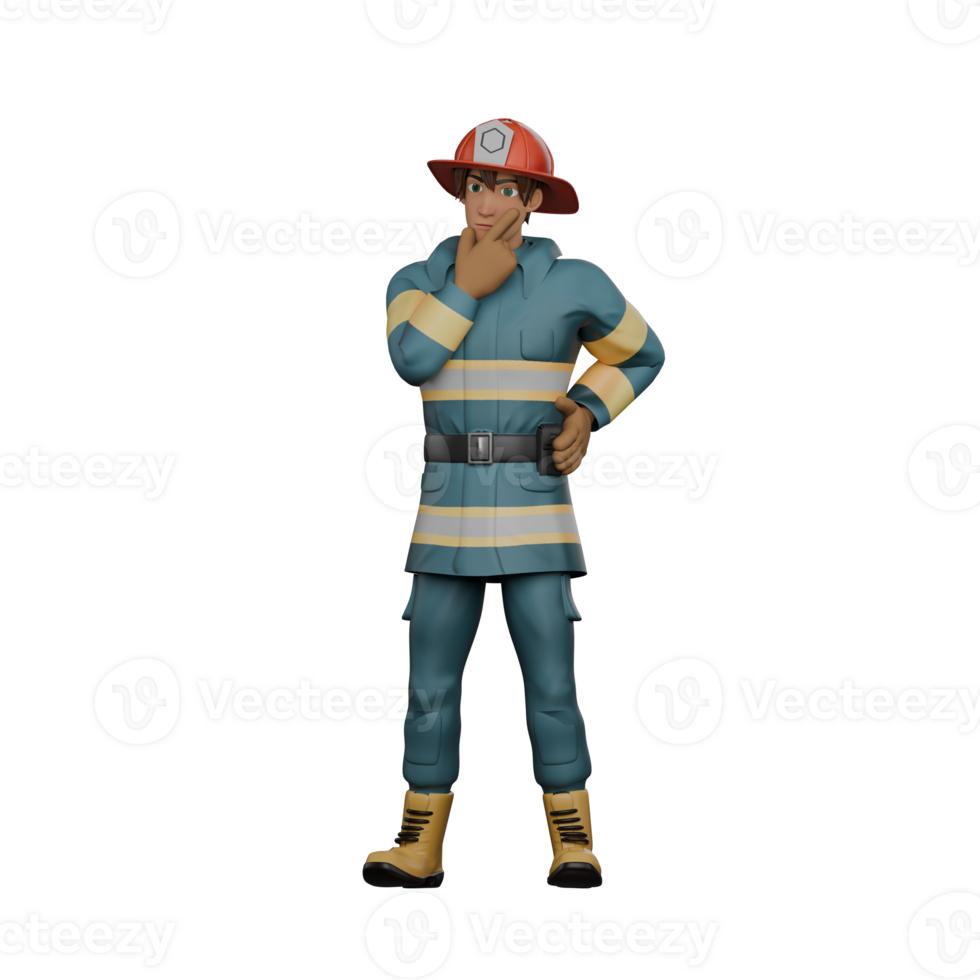 Animated Male Firefighter. A firefighter stands with his right hand on his chin while his left hand is on his waist. 3D Emergency Professional png