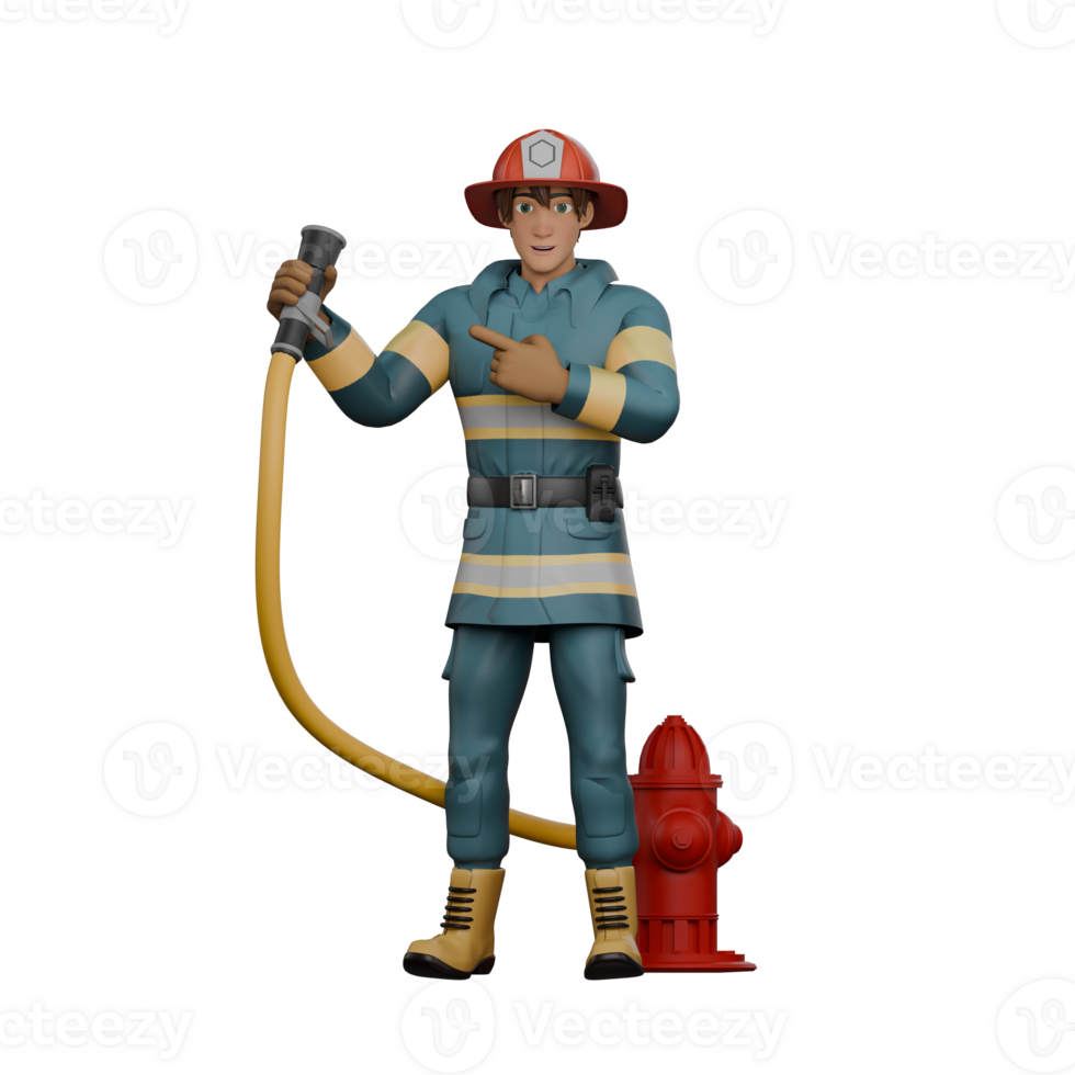 3D Male Firefighter at Work. A firefighter stands holding a fire extinguisher connected to a red hydrant with his right hand while his left hand points towards the pipe. Firefighting Cartoon png