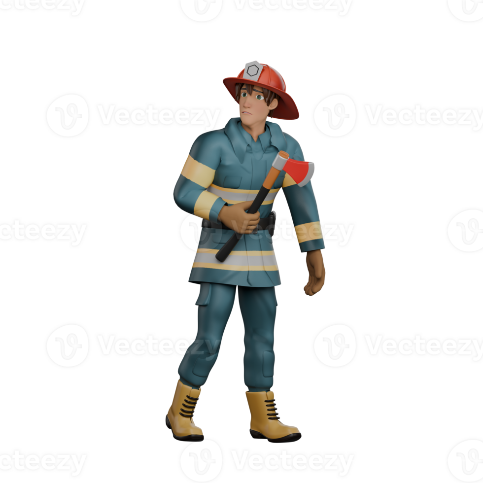 3D Male Firefighting Character. A firefighter is holding an ax with a serious face as if in vain to carry out emergency action. Firefighter Professional png