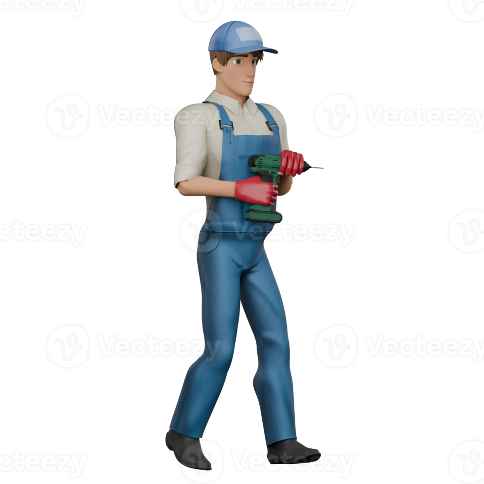 of a Male Mechanic. A male mechanic walks to the right holding a drill in his right hand. 3D Style png