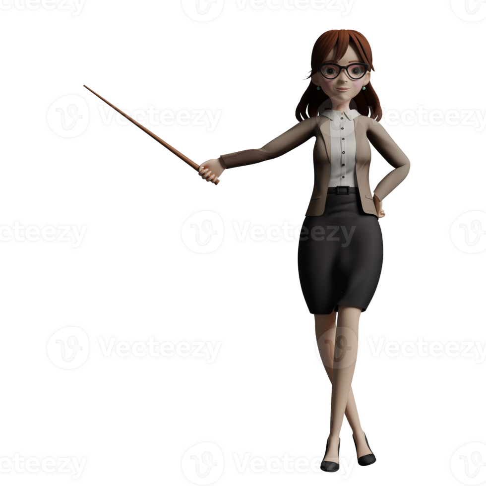 Professional 3D female Educational Teacher. A female teacher stands with her legs crossed while her right hand holds a pointer and her left hand is on her waist. Cartoon png