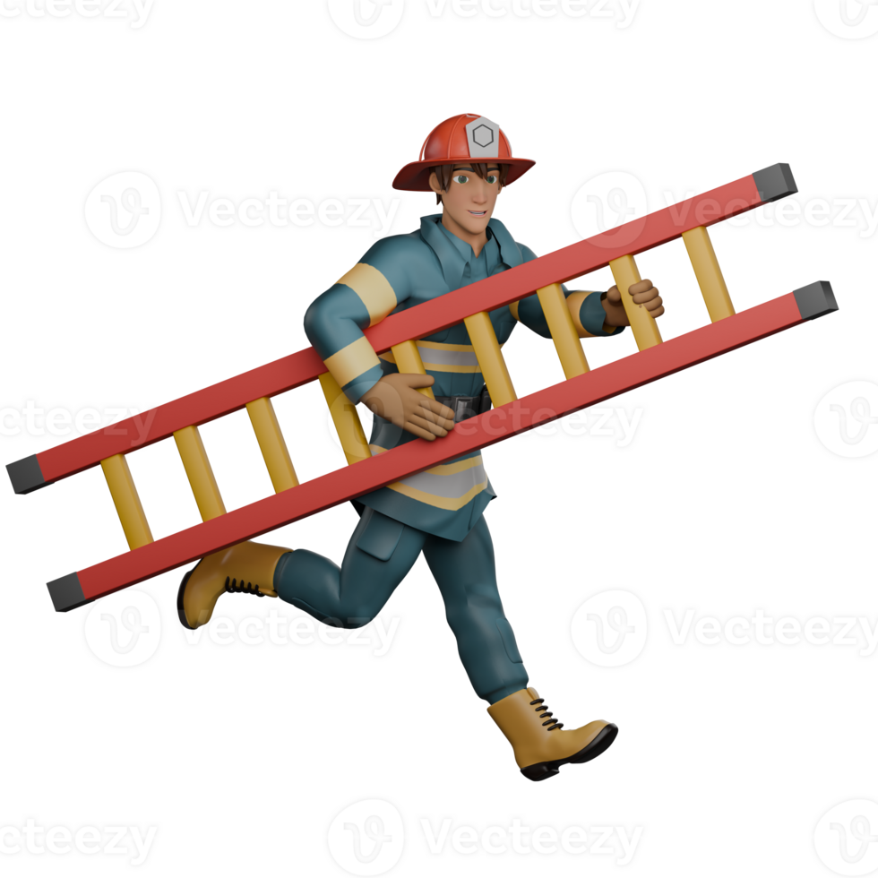 Professional Firefighter 3D Art. A firefighter runs quickly carrying a ladder on his right hand. Male Character png